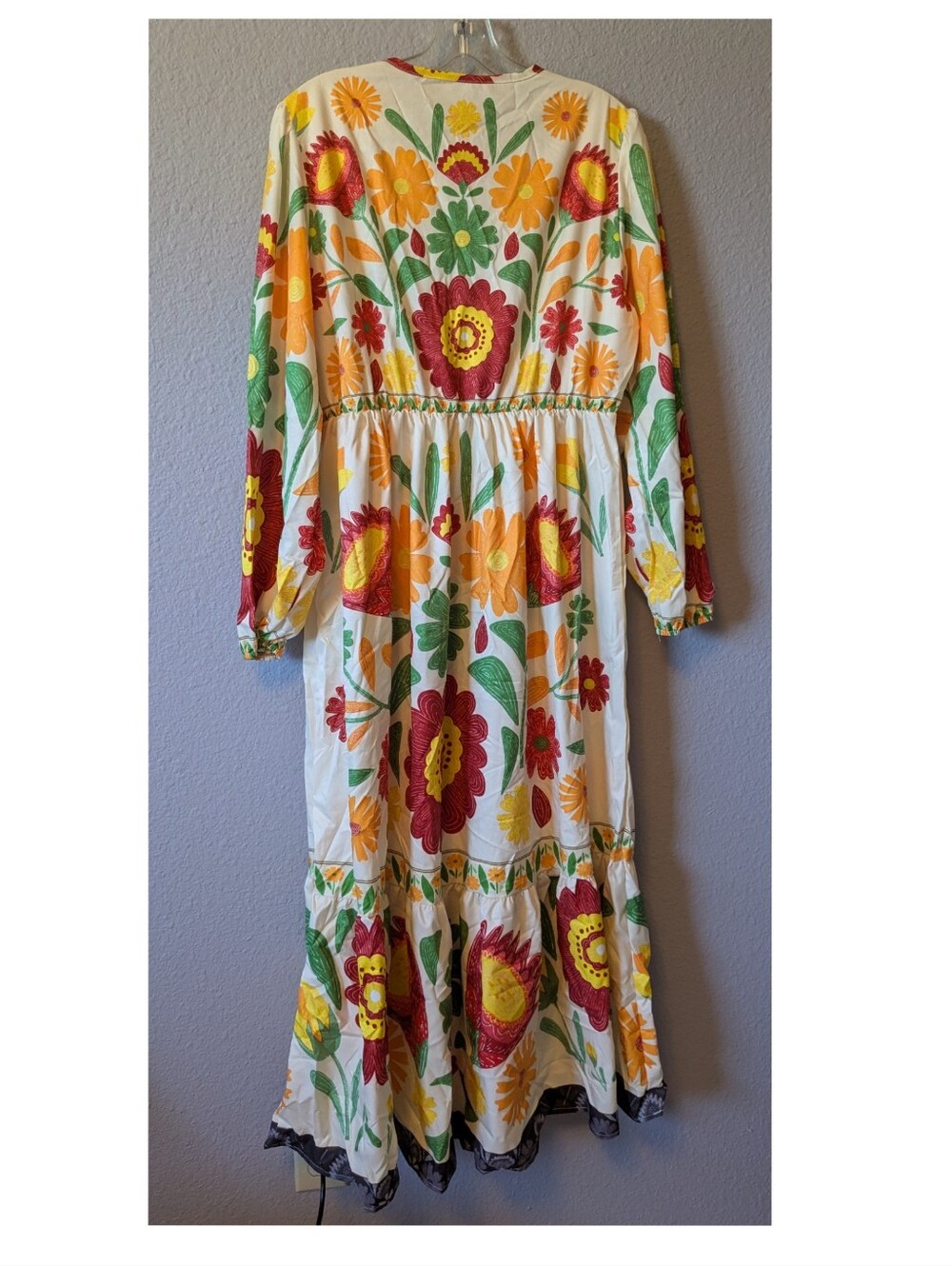 New Floral Tie-Neck Midi Dress in Cream with Red, Yellow & Green Print - Picture 4 of 8